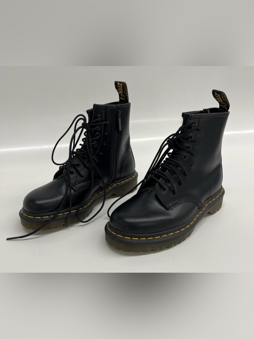 Dr. Martens Black Leather side Lace-Up Boots with Yellow Welt Stitching- us 6